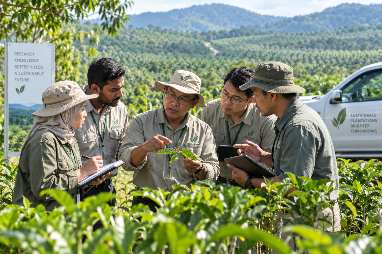 Pasukan lapangan Asian Agro memeriksa kesihatan tanaman bersama-sama di sebuah ladang
