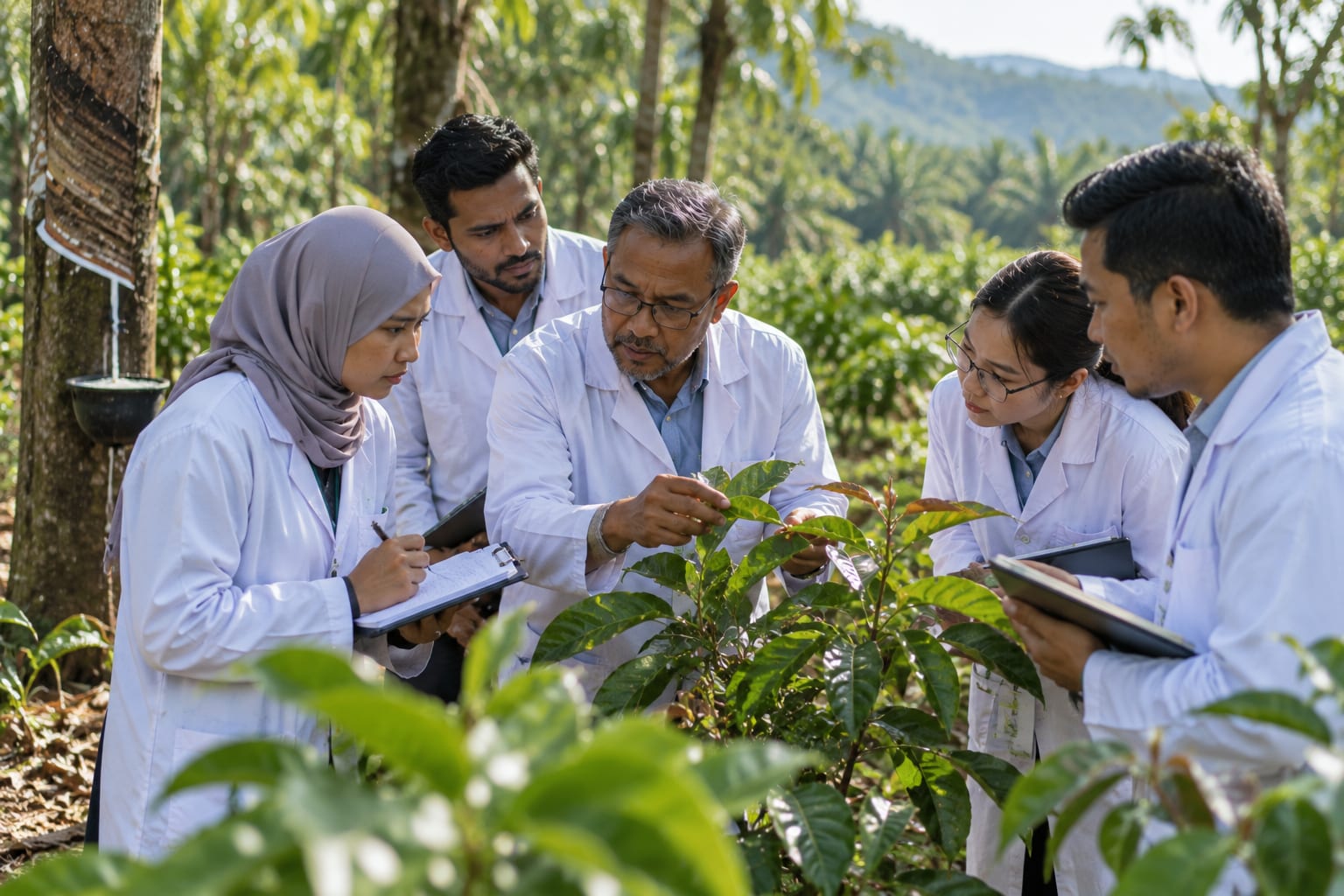 Pekerja ladang melutut di sebelah pokok getah semasa penilaian lapangan
