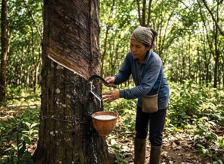 Plantation worker tapping a rubber tree to collect latex