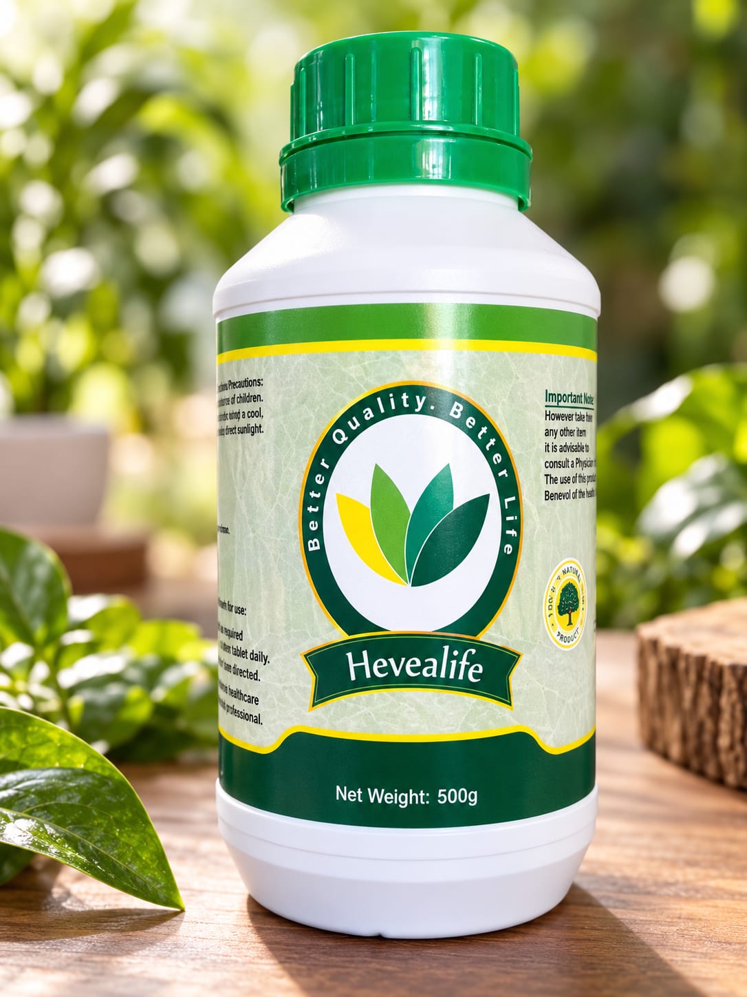 Hevealife liquid rejuvenator bottle — front label, 500g net weight