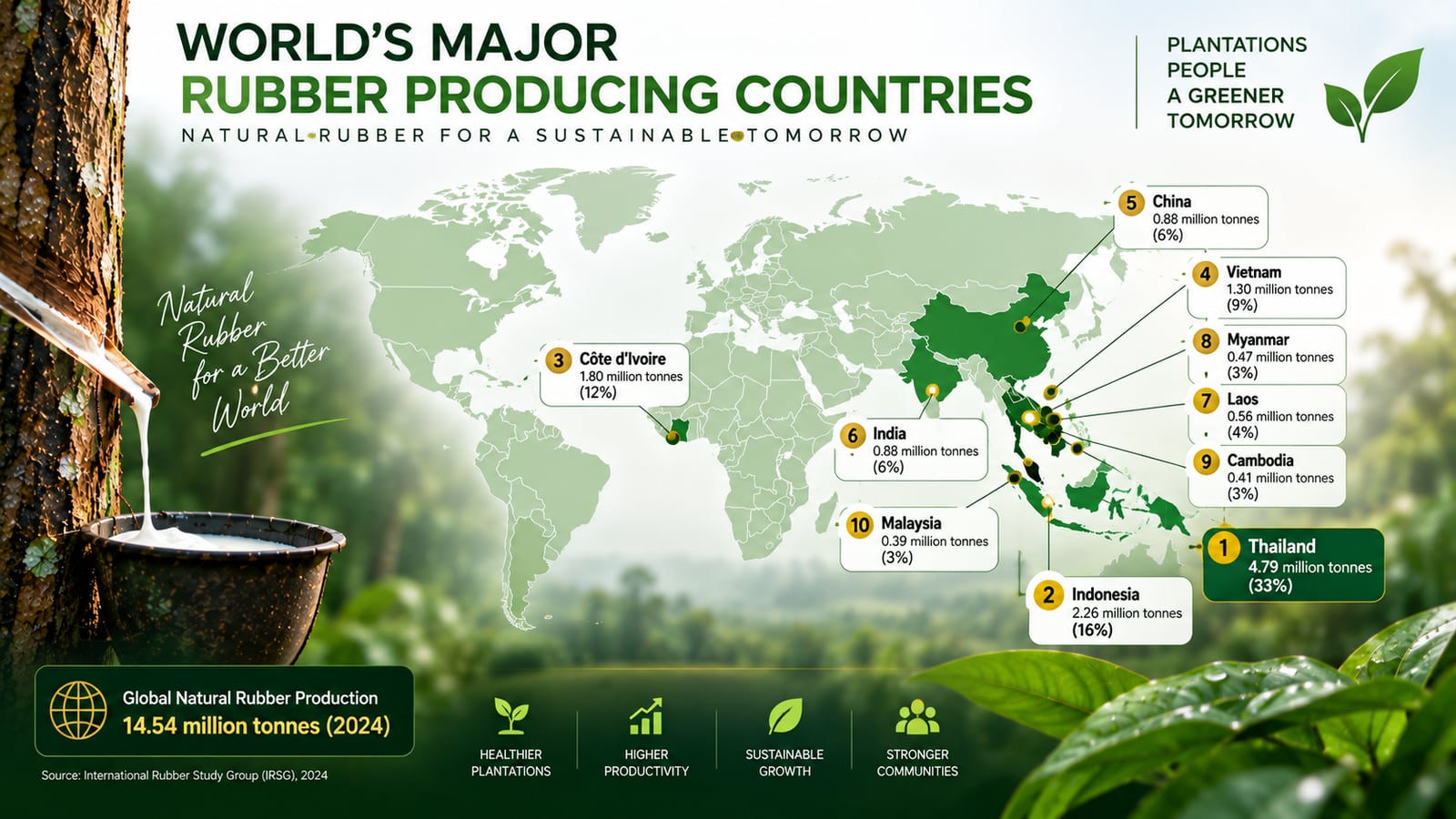 Mendukung Pasar Regional dan Internasional — Dari basis kami di Singapura, Asian Agro mendukung pasar pertanian regional dan internasional — melayani industri perkebunan di seluruh sentra produksi karet alam dunia.